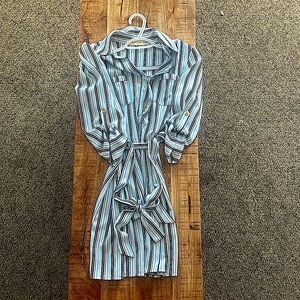 Vertically lined navy blue dress